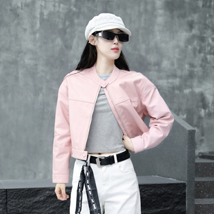 2025年秋季新款真皮皮衣女短款绵羊皮粉色夹克拉链款圆领长袖外套