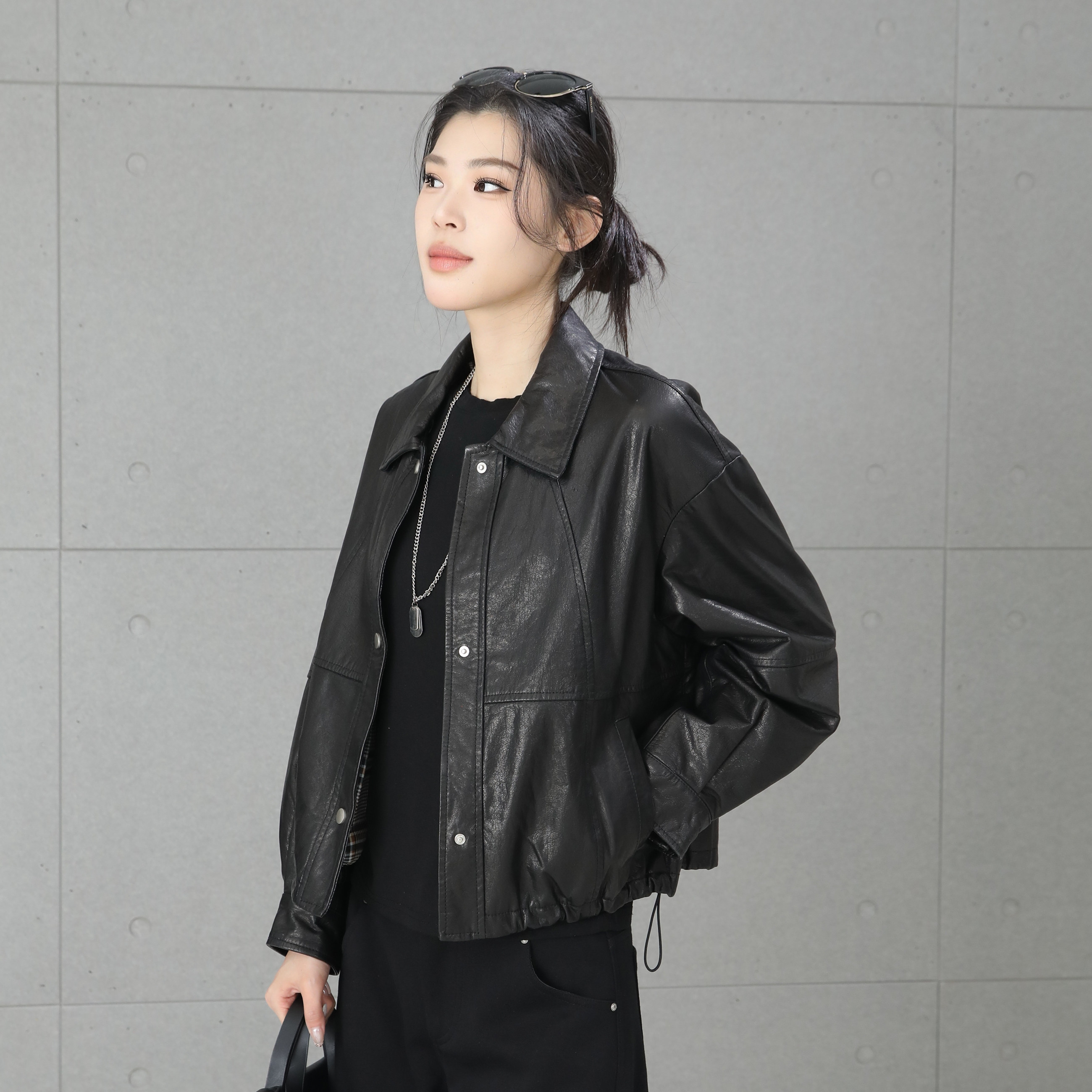 复古短款油蜡真皮小个子皮衣女