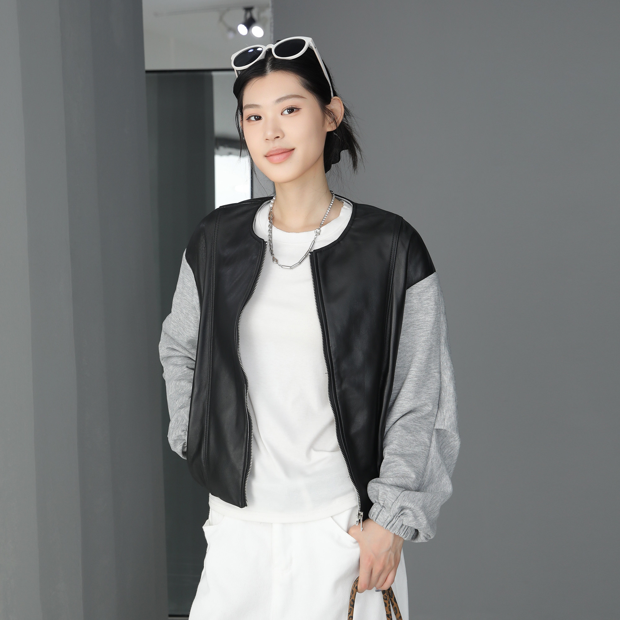 韩系混搭真皮短款拉链皮衣女