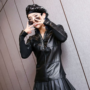 真皮拼接长袖 新款 针织衫 绵羊皮领钻上衣修身 打底衫 小衫 女2025秋季