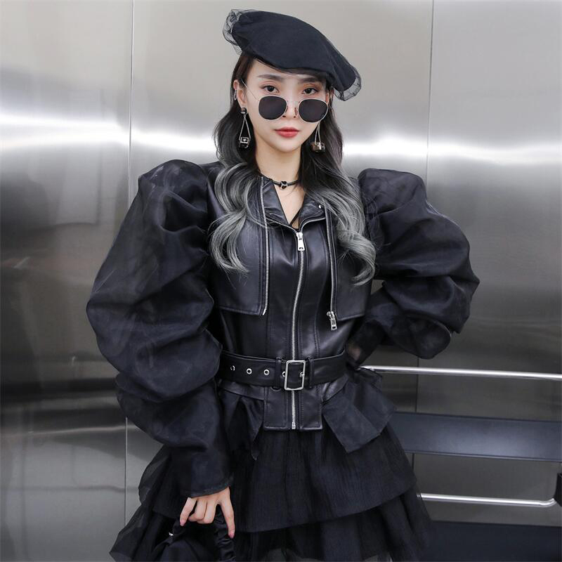 短外套女2025秋季新款真皮纱袖皮衣绵羊皮黑色短款上衣修身皮夹克
