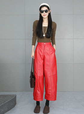 红色真皮皮裤女2025年冬季新款绵羊皮松紧腰九分裤显瘦阔腿弯刀裤