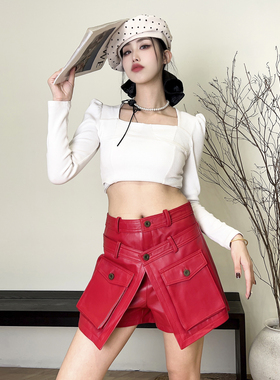 皮裤裙女款2025年秋季新款真皮红色外穿短裤绵羊皮双腰裤大兜靴裤