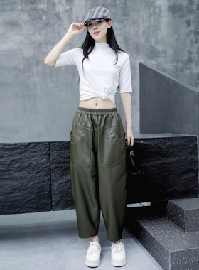 哈伦裤女2025年秋季新款真皮军绿色皮裤松紧腰九分裤绵羊皮萝卜裤