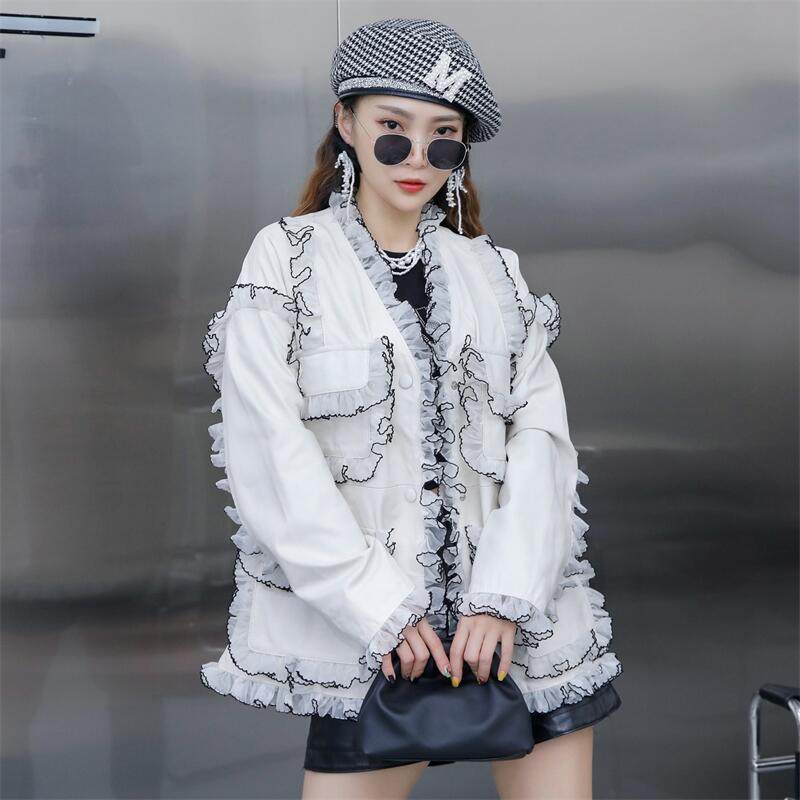 韩版皮衣女25秋季新款绵羊皮白色V领上衣真皮长袖夹克网纱边外套