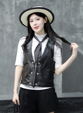 不规则斜襟纽扣真皮马夹女黑色休闲绵羊皮百搭坎肩小个子无袖外套