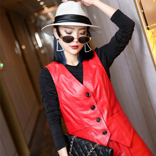 无袖 马甲女短款 绵羊皮红色百搭坎肩真皮V领修身 新款 外套 2025秋季