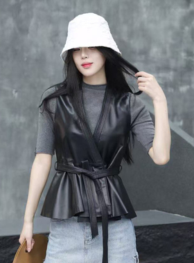 修身马甲女短款2025秋季新款绵羊皮V领外搭坎肩真皮黑色显瘦外套