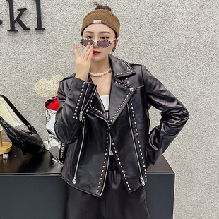 长袖 机车服女2025年秋季 领皮衣真皮修身 新款 短外套 绵羊皮铆钉西装