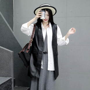 真皮马甲女中长款2025秋季新款绵羊皮V领外搭坎肩黑色显瘦外套潮
