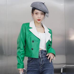 短外套女2025年秋季新款绵羊皮长袖皮衣真皮果绿色上衣短款皮夹克