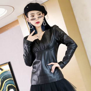 女长袖 小衫 秋冬新款 绵羊皮修身 性感裹胸上衣 拼接V领针织衫 打底衫