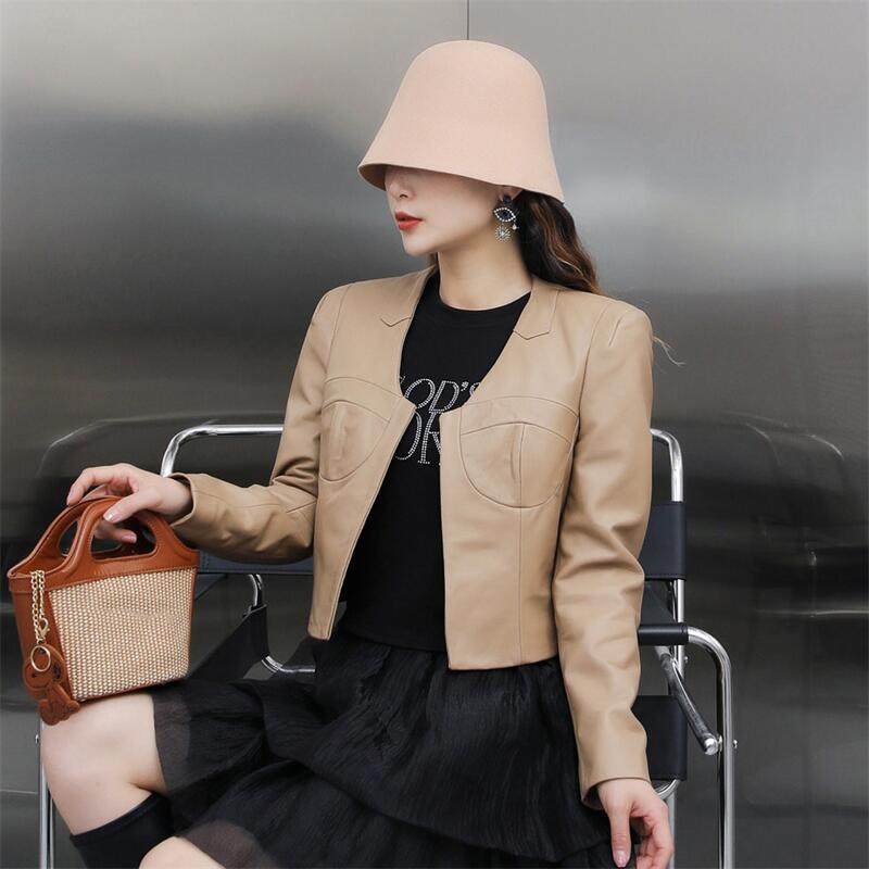短外套女2025秋季新款真皮短款皮衣绵羊皮长袖上衣卡其色修身开衫
