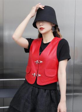 小坎肩女士短款秋季新款真皮红色无袖外套绵羊皮V领背心修身马甲