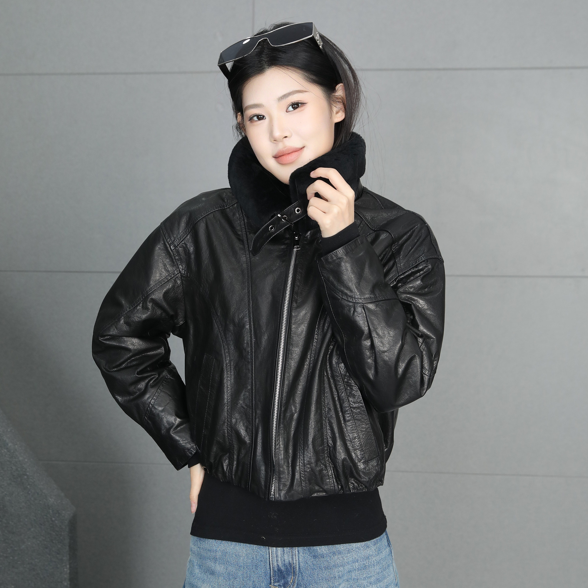 复古风真皮皮衣女短款皮毛一体毛领翻领夹克高级感小个子鹅绒外套