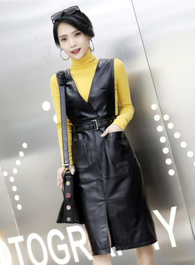 气质连衣裙女神范24秋季新款真皮中长款皮裙绵羊皮黑色修身背心裙