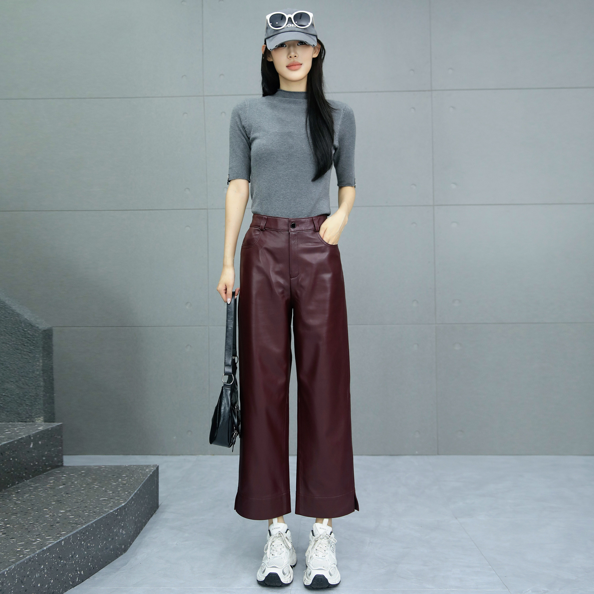 直筒裤女2025秋新款绵羊皮松紧腰皮裤真皮酒红色九分裤阔腿休闲裤,女装/女士精品,休闲裤,淘宝优惠券,粉丝福利购,淘宝优惠卷