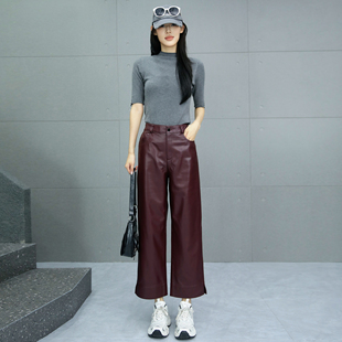 直筒裤女2025秋新款绵羊皮松紧腰皮裤真皮酒红色九分裤阔腿休闲裤