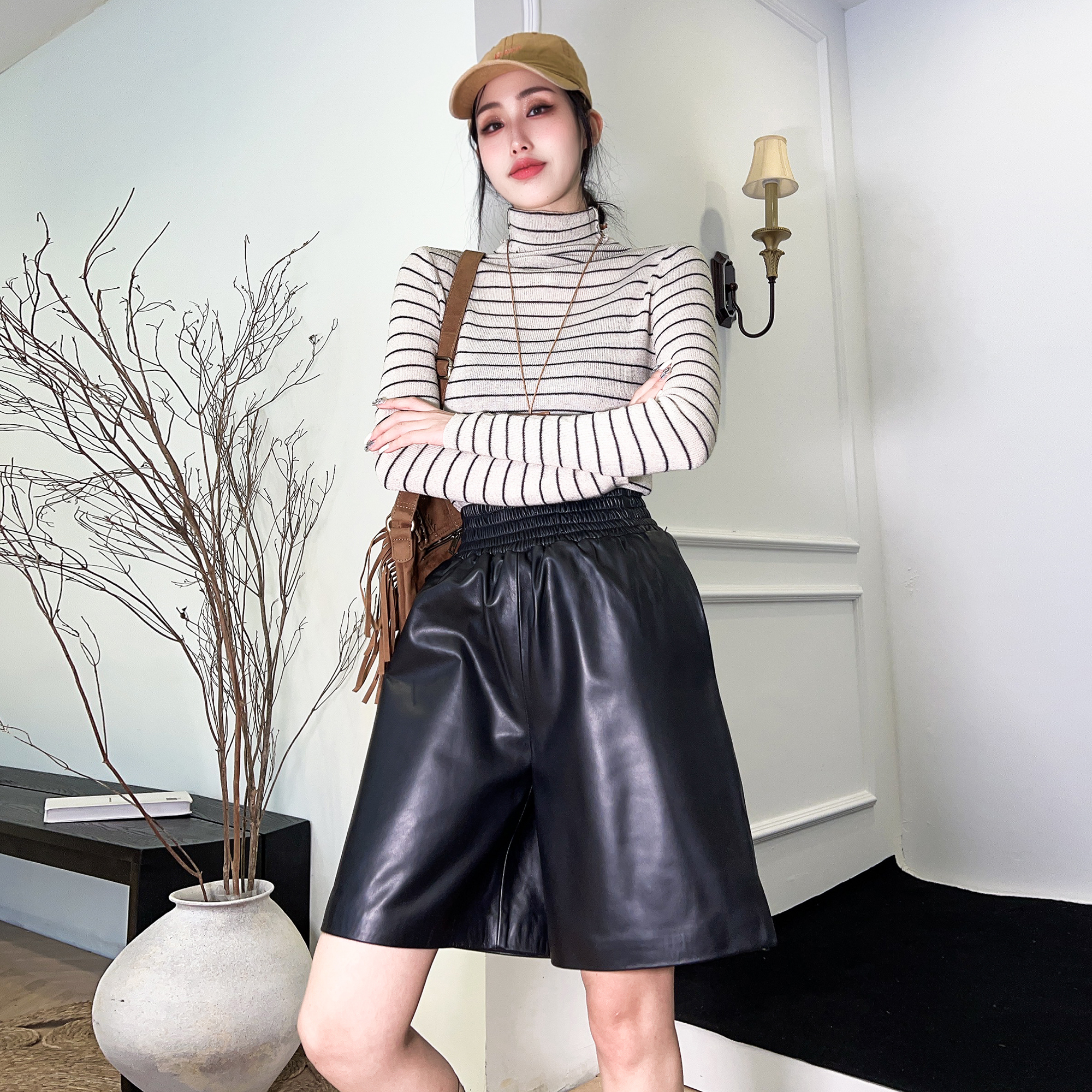 松紧腰通勤五分裤阔腿裤