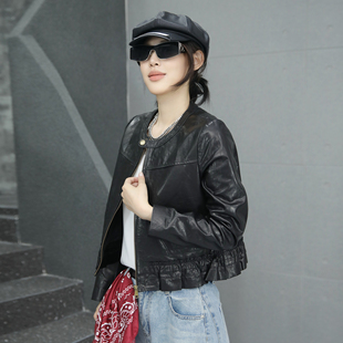 真皮皮衣女短款2025年秋季新款小个子圆领长袖夹克油蜡皮修身外套