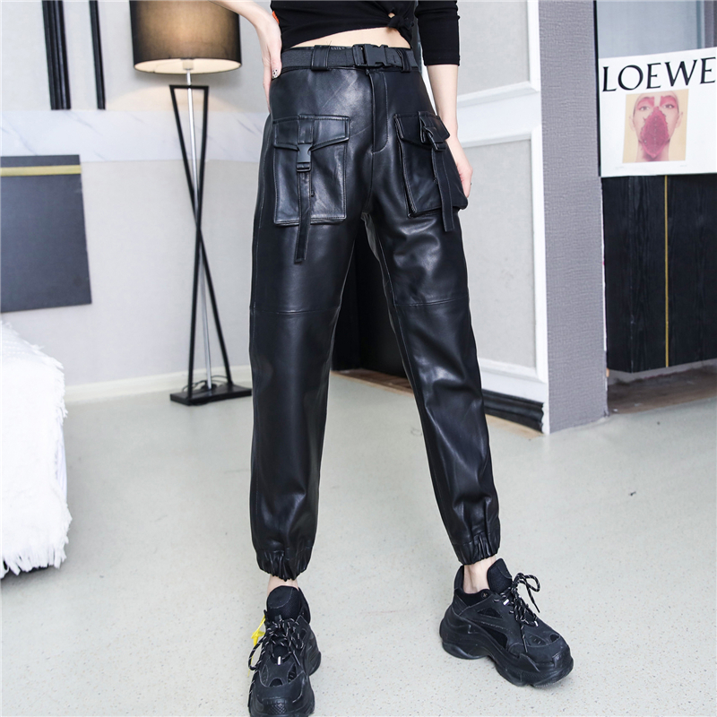 工装裤女2025秋季新款真皮松紧腰皮裤绵羊皮灯笼九分裤休闲哈伦裤