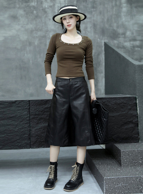 直筒裤女2025秋季新款绵羊皮黑色皮裤松紧腰五分裤真皮显瘦休闲裤