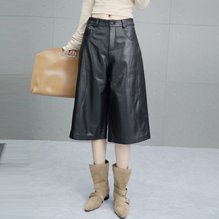 阔腿裤女2025秋季新款真皮黑色皮裤高腰七分裤绵羊皮小个子休闲裤