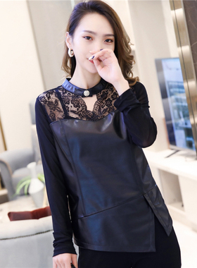 蕾丝打底衫女2025秋季新款绵羊皮拼接雪纺衫立领真皮长袖修身小衫