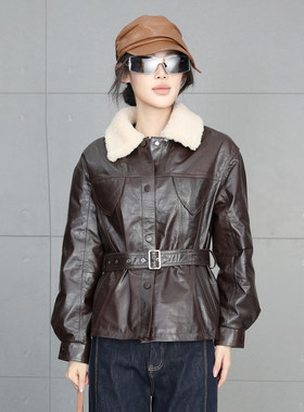 鹅绒皮衣女短款2026冬新款油蜡皮咖色羽绒服真皮羊羔毛领修身外套