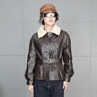 鹅绒皮衣女短款2025冬新款油蜡皮咖色羽绒服真皮羊羔毛领修身外套