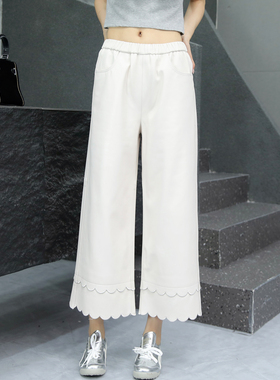 阔腿裤女2025秋季新款真皮白色皮裤花边九分裤绵羊皮小个子直筒裤