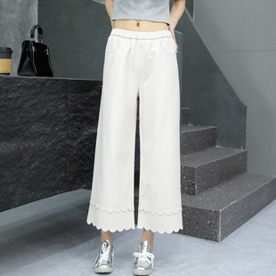 阔腿裤女2025秋季新款真皮白色皮裤花边九分裤绵羊皮小个子直筒裤
