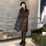 羽绒服女中长款2025秋季新款绵羊皮修身咖色大衣真皮高领长袖外套