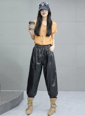 真皮皮裤女2025秋新款绵羊皮黑色