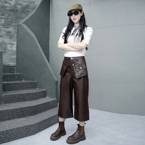 2025年秋季新款真皮咖色七分裤