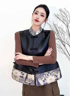网红同款2025秋季新款绵羊皮复古马甲女短款真皮拼接外搭盘扣坎肩