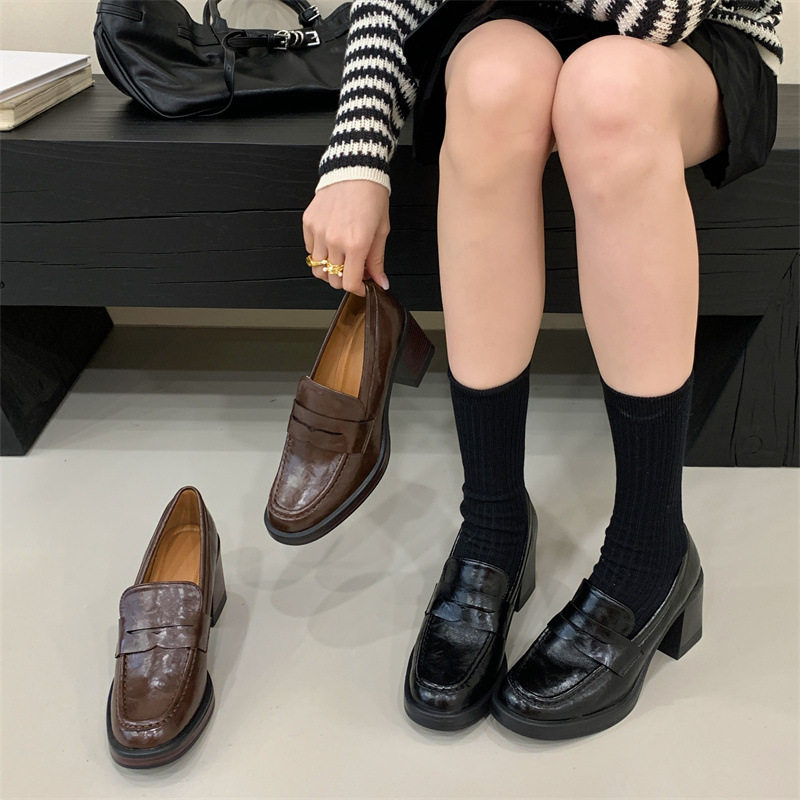 2025 巨舒服~黑色小皮鞋学院风复古高跟小个子粗跟乐福鞋深口单鞋,女鞋,工装鞋,淘宝优惠券,粉丝福利购,淘宝优惠卷