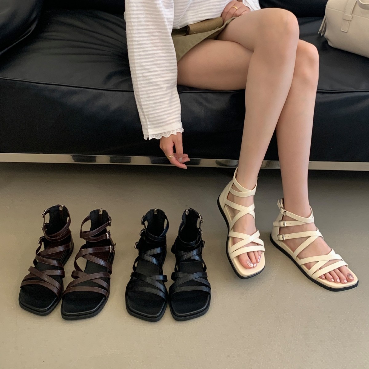 2026新款增高仙女风罗马绑带凉鞋女夏后拉链露趾低跟百搭罗马鞋