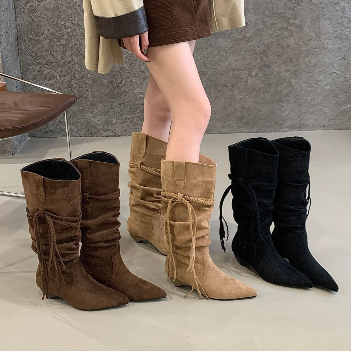 A555-1~坡跟法式尖头西部牛仔长靴女靴子2025年新款高筒骑士靴