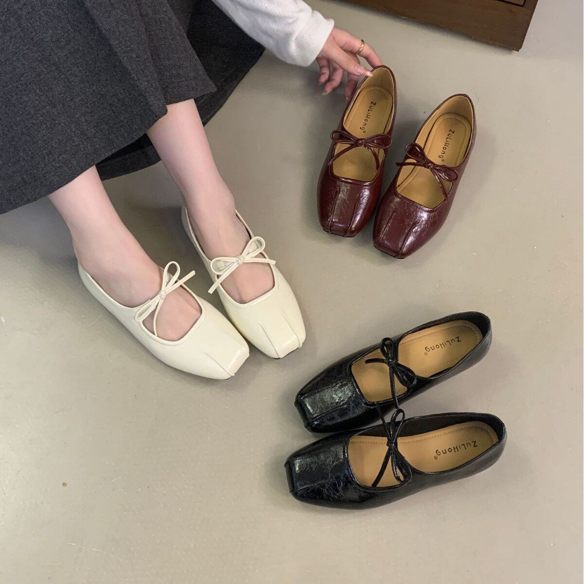 内增高蝴蝶结系带玛丽珍单鞋女2026春方头平底奶奶鞋浅口芭蕾舞鞋