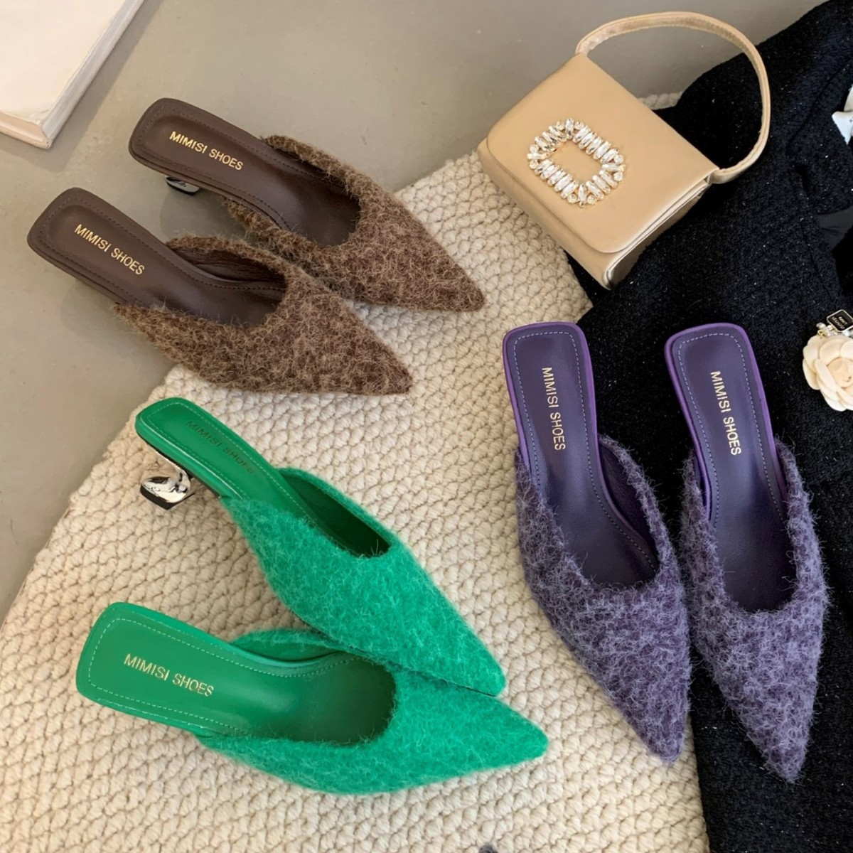 C99-1~包头半拖鞋女鞋子外穿2025年新款粗跟法式尖头懒人穆勒鞋