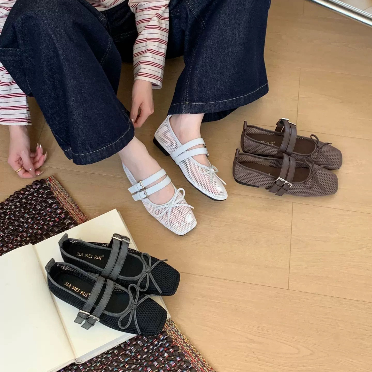 8836-11~平底法式镂空网纱方头玛丽珍单鞋女鞋子2026年夏季新款