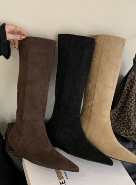 M768-1~坡跟法式尖头不过膝长靴女靴子2025年秋季新款高筒骑士靴