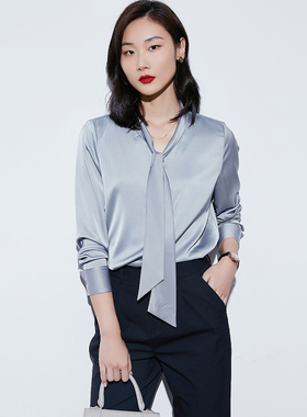 匡册缎面衬衫女春季亲肤抗皱灰色高级感职业气质通勤法式飘带衬衣