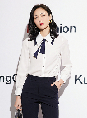 匡册白色衬衫女冬季薄款职业商务高级感气质内搭蝴蝶领结长袖衬衣
