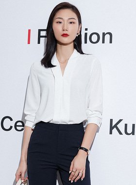 匡册白色衬衫女新款时尚气质衬衣长袖V领抗皱面试通勤职业工作服