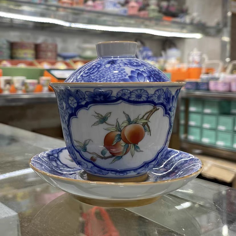 景德镇开窗青花瓷万花三才盖碗单个复古泡茶碗功夫茶具釉下彩茶杯