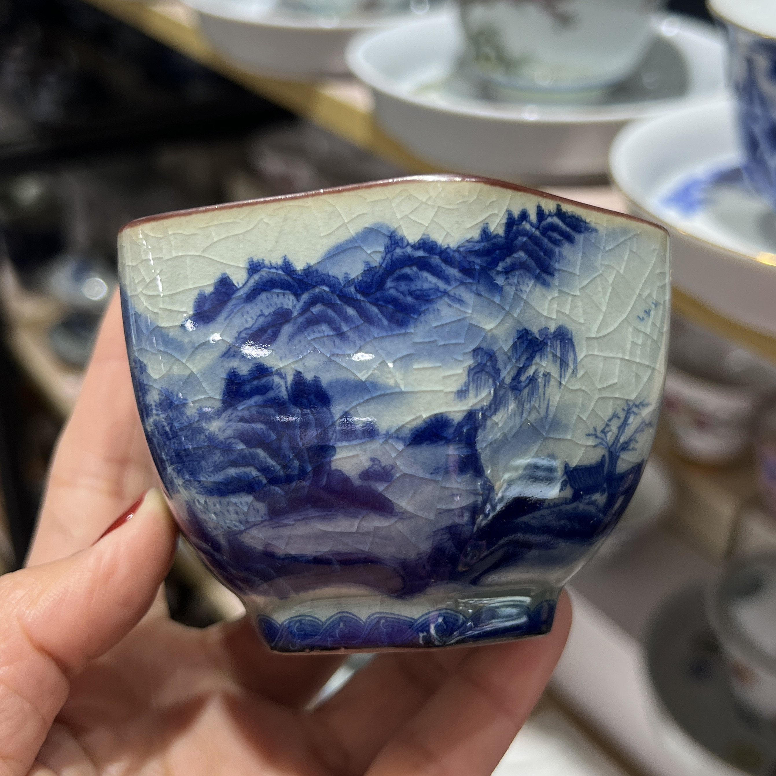 景德镇陶瓷青花老陶泥茶杯功夫单杯主人杯山水六方杯品茗杯茶盏