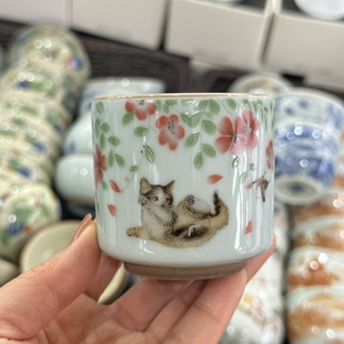 可爱猫咪功夫茶具仿古茶杯主人杯单杯女品茗杯单个茶碗陶瓷直筒杯
