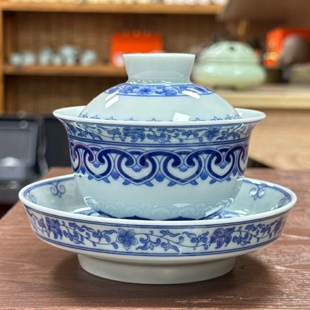 青花瓷宝相三才盖碗单个泡茶碗陶瓷茶杯家用功夫茶具敬茶碗带壶承